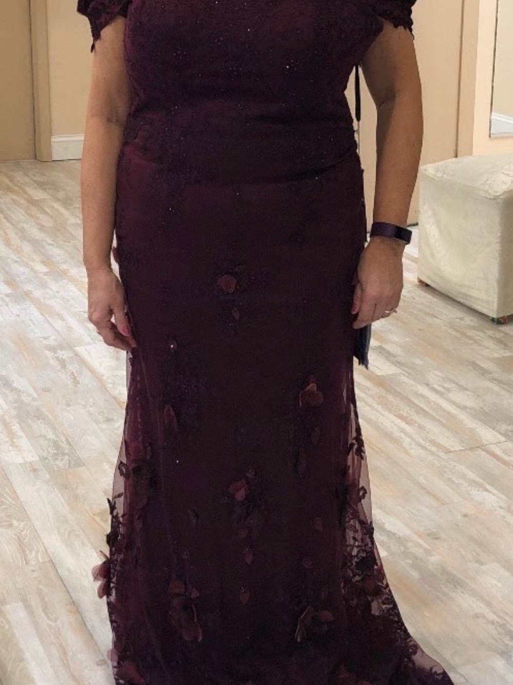 Montage by Mon Cheri Deep Burgundy Lace Maxi Gown